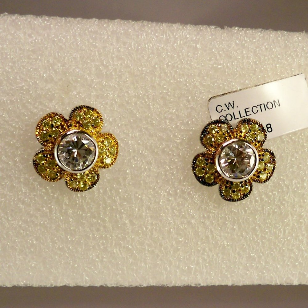 NEW Vintage Charles Winston Flower Bezel Cubic Zirconia Gold Silver Earrings